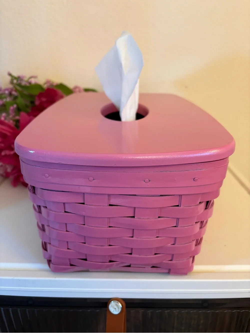 Vintage Longaberger Large Tissue Basket with Wood Lid, Painted Pink Gloss